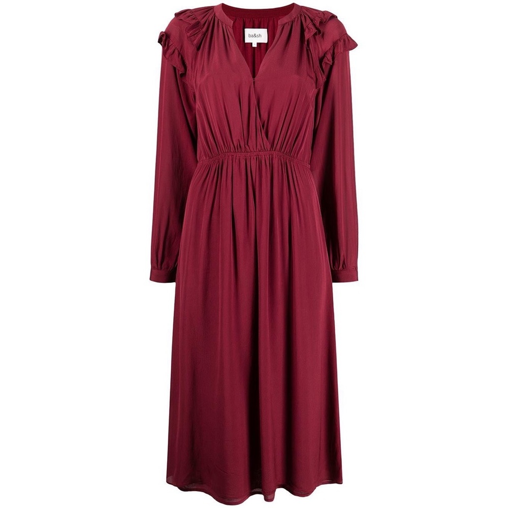 ba&sh Burgundy Midi Dress with Ruffle Shoulders - Picture 2 of 10